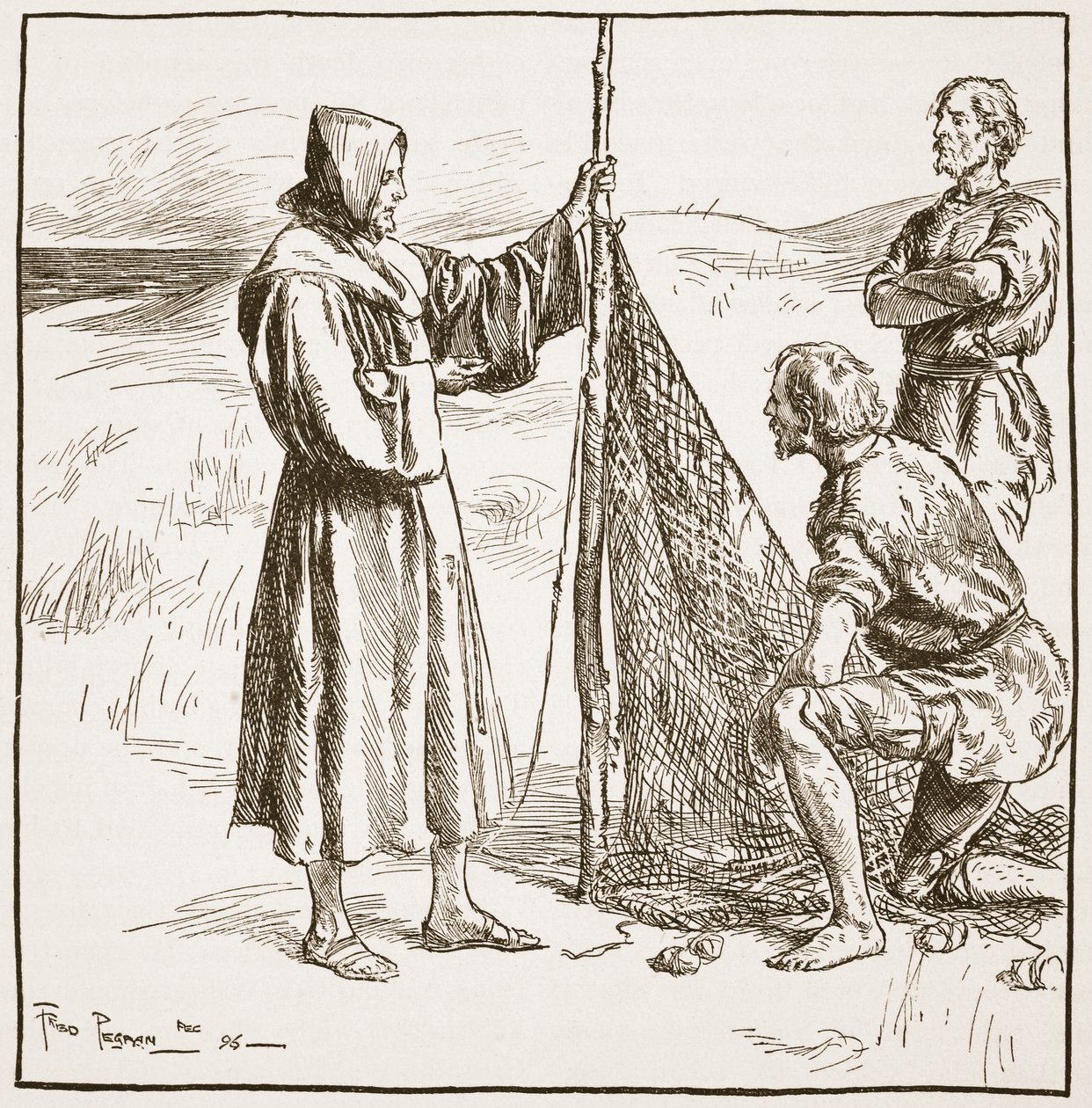 Wilfrid com os saxões do Sul, ilustração de "A Igreja da Inglaterra: uma história para o povo" por HDM Spence-Jones, pub. c.1910 (foto sépia) de Frederick Pegram