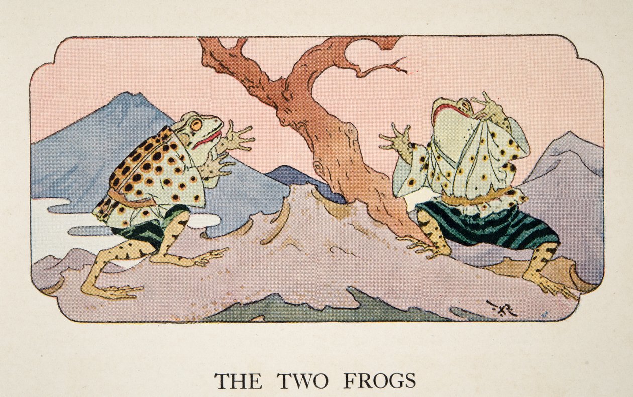 Os dois sapos, ilustração de Little Peaching e outros contos do Japão antigo, c. 1928 de Frederick Richardson