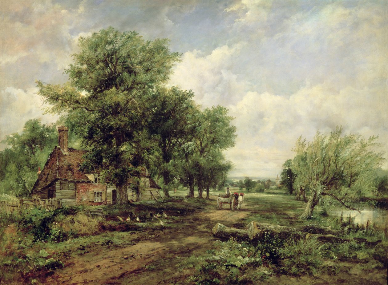 Paisagem do rio arborizada com uma casa de campo e um carrinho puxado a cavalo de Frederick Waters Watts