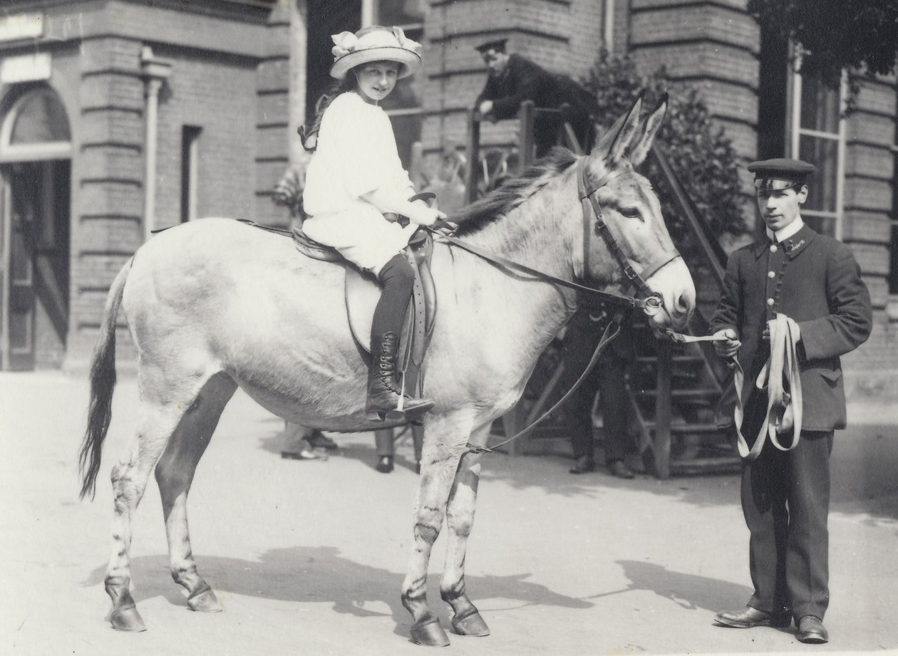Uma jovem senhora montando uma bunda que está sendo liderada por um guardião enquanto outra olha, London Zoo maio de 1914 de Frederick William Bond