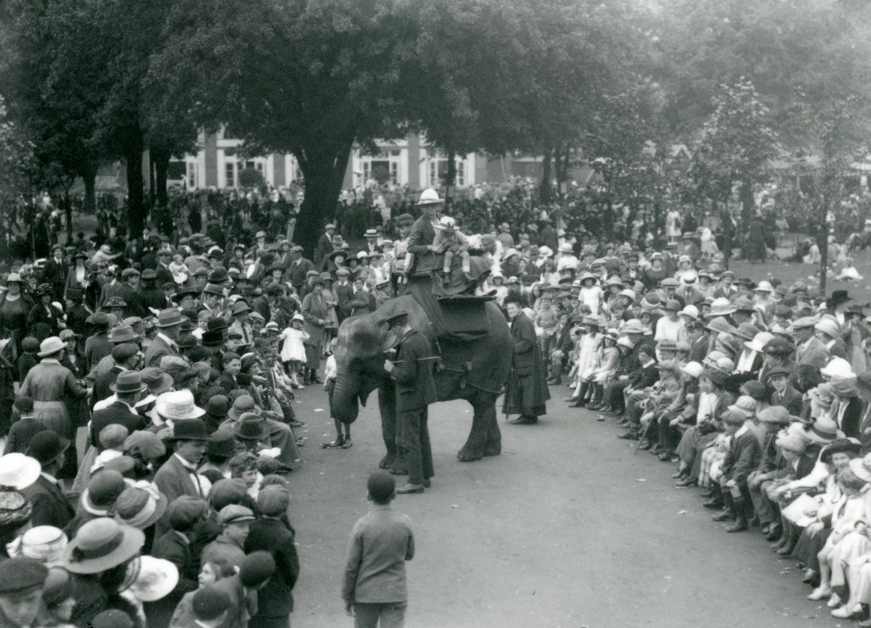 Multidões de visitantes assistem a um passeio de elefante no Zoológico de Londres, feriado bancário de agosto de 1922 de Frederick William Bond