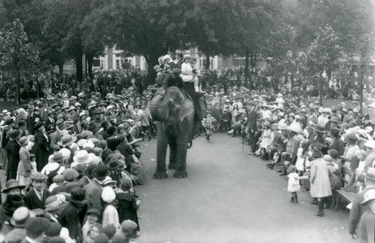 Multidões de visitantes assistem a um passeio de elefante no Zoológico de Londres, feriado bancário de agosto de 1922 de Frederick William Bond