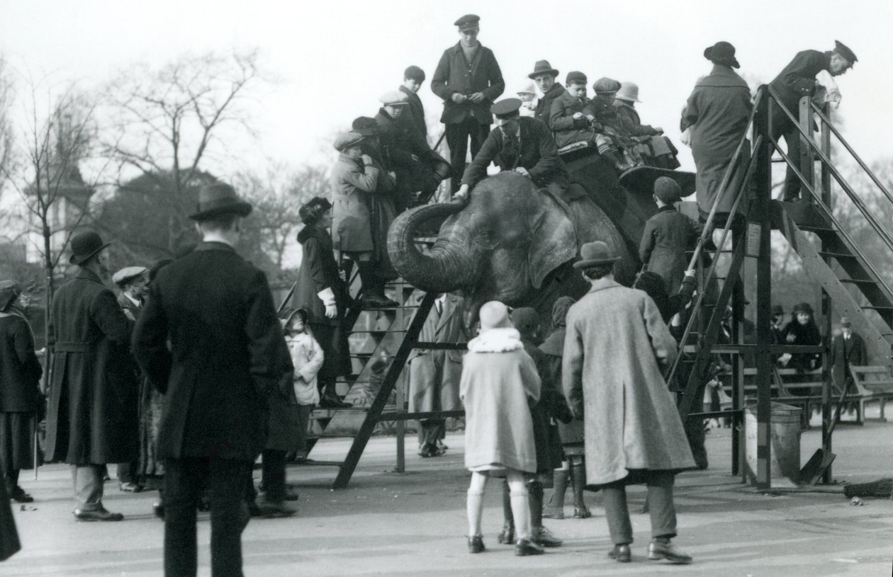 Multidões assistindo visitantes embarcando em um passeio de elefante, supervisionado pelo guarda Arthur Church, em abril de 1923 (foto bw) de Frederick William Bond