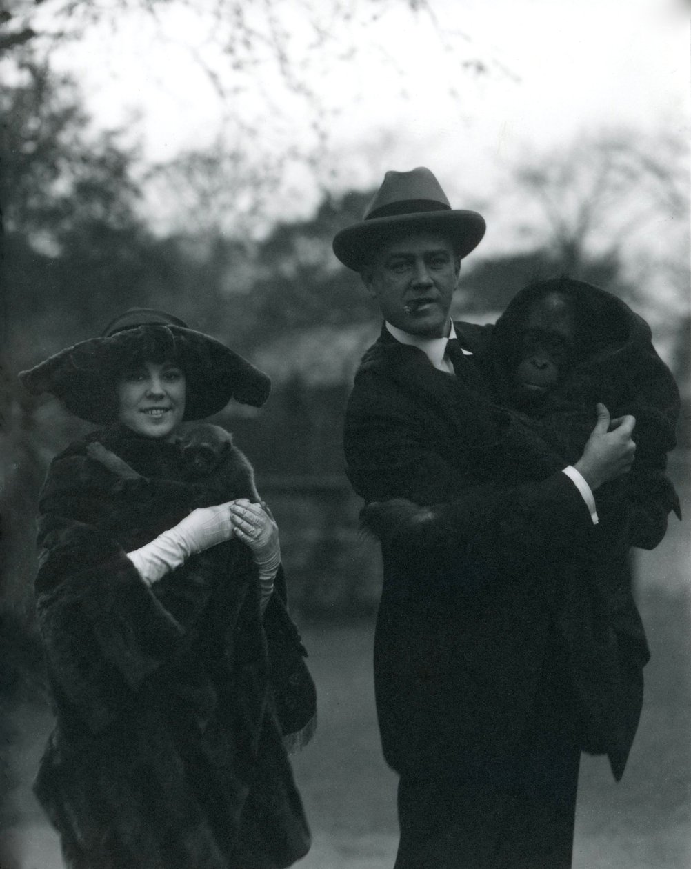 Osa e Martin Johnson com um orangotango e gibão, zoológico de Londres, outubro de 1920 de Frederick William Bond