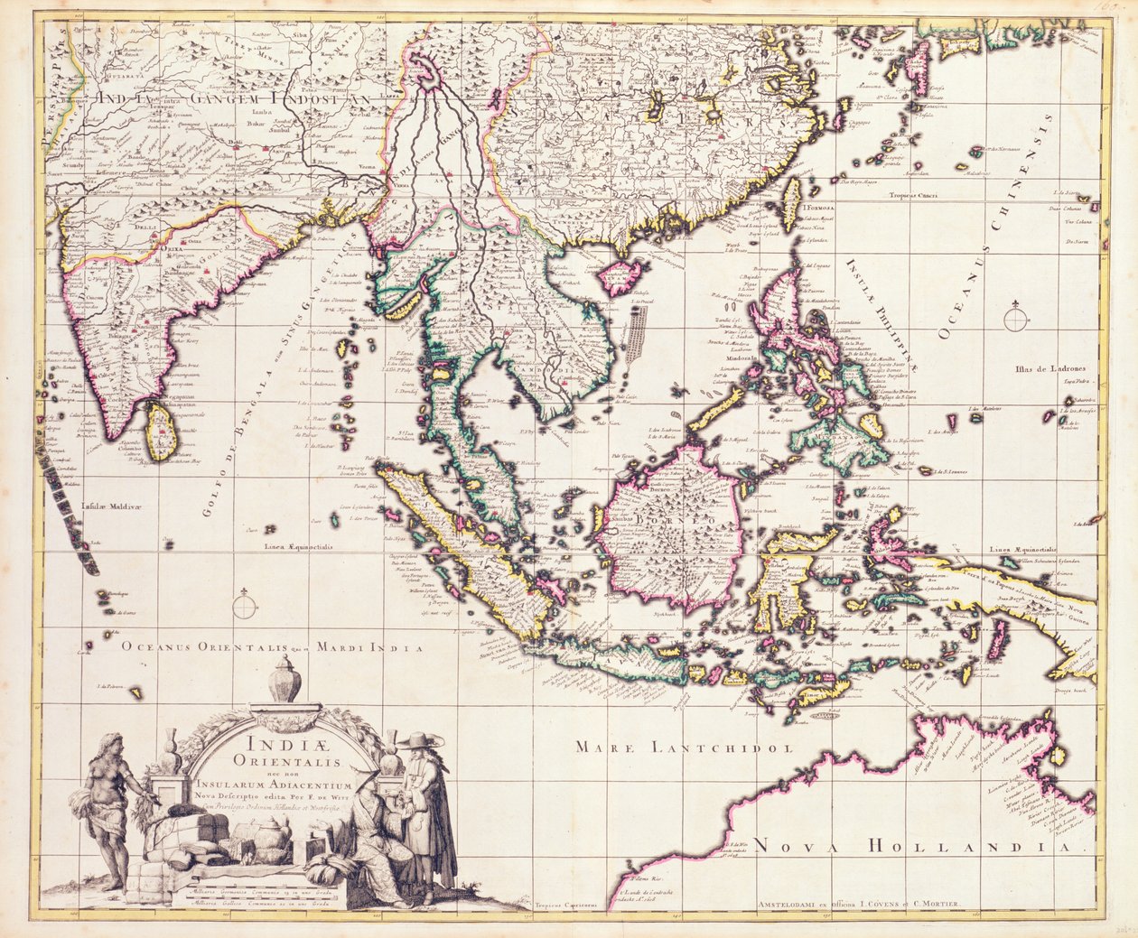 Mapa da Índia e das Índias Orientais (gravura colorida à mão) de Frederick de Wit