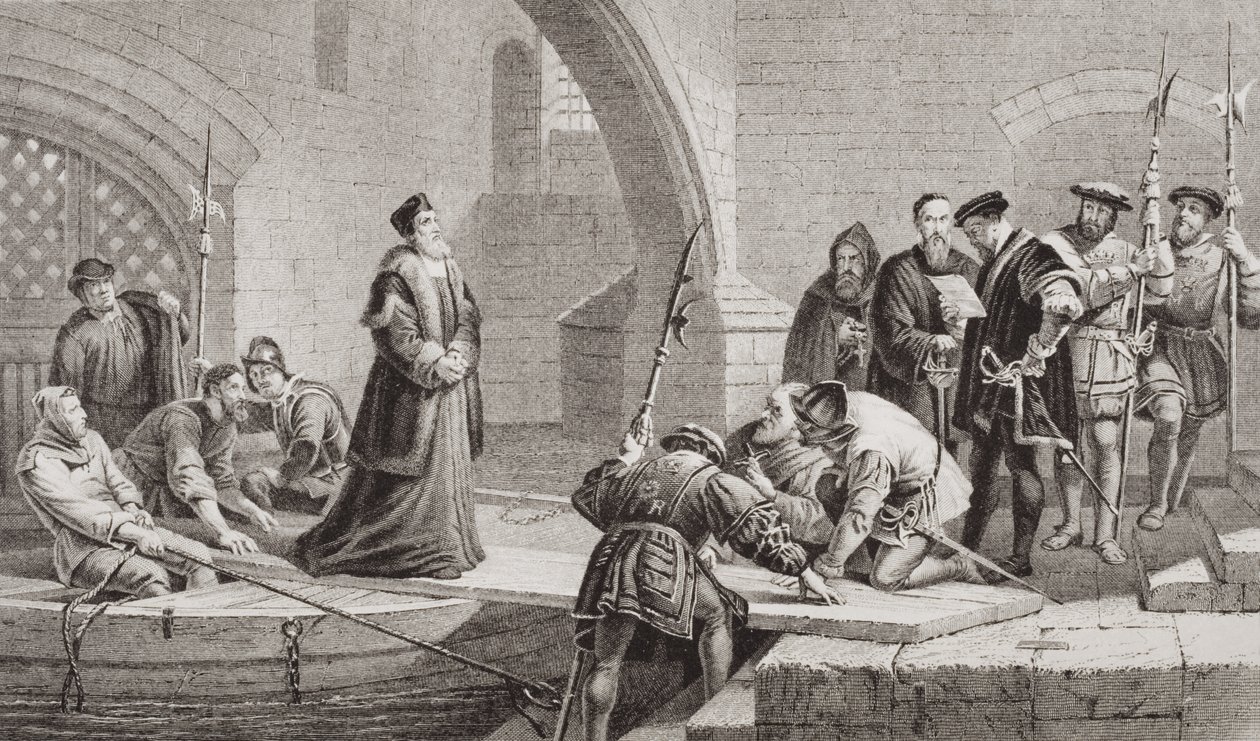 Thomas Cranmer (1489-1556) na Porta do Traidor, de "Illustrations of English and Scottish History" Volume I (gravura) de Frederick (after) Goodall