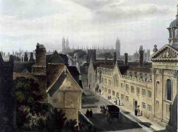 Exterior do Pembroke College, de uma janela do Peterhouse, Cambridge, de 
