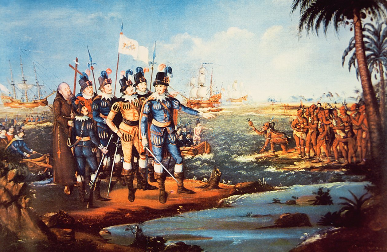 O desembarque de Cristóvão Colombo no Novo Mundo (óleo sobre tela) de Frederick (attr. to) Kemmelmeyer