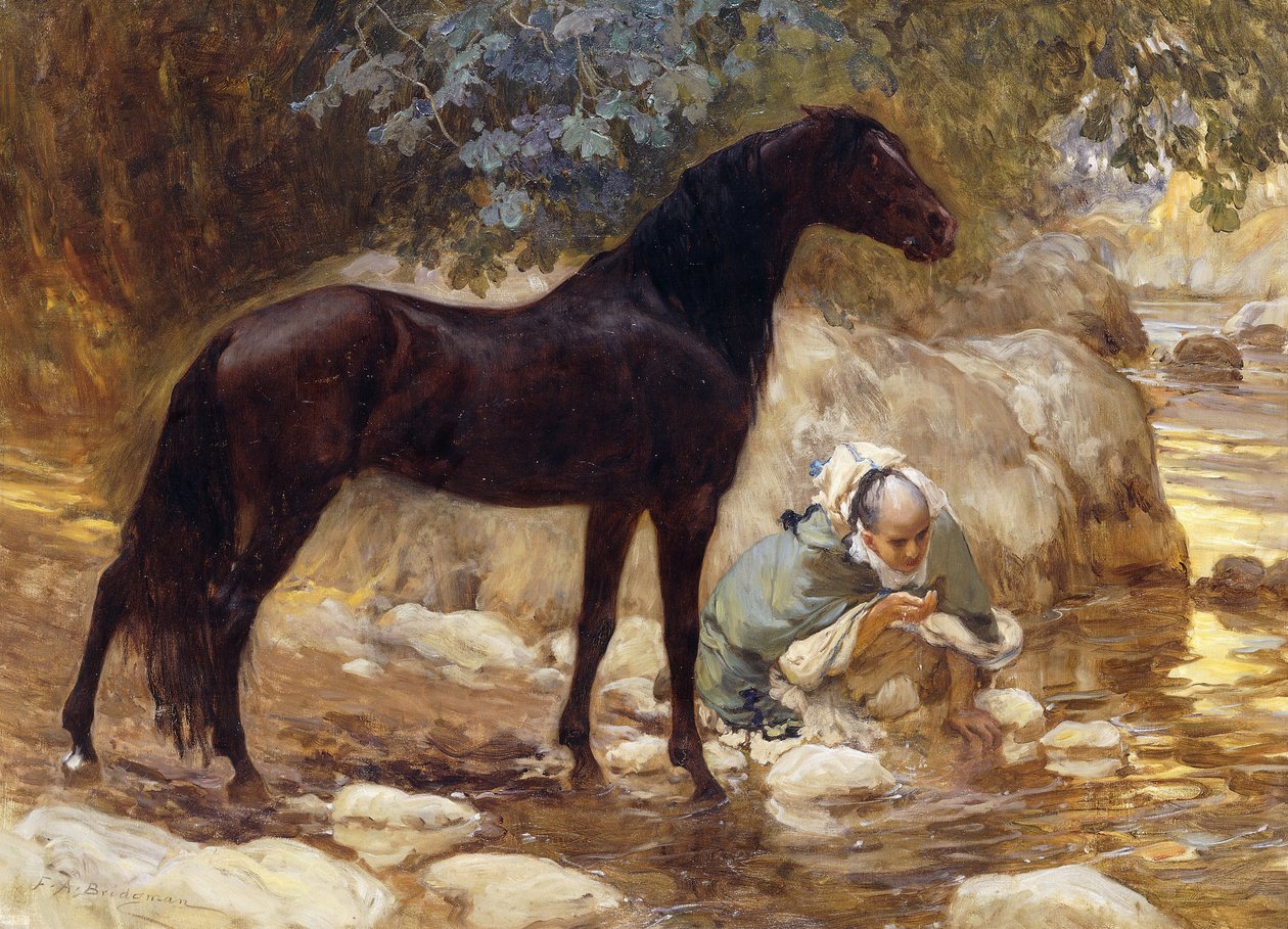 Um árabe que rega seu cavalo por um rio, c.1890-1900 de Frederick Arthur Bridgman
