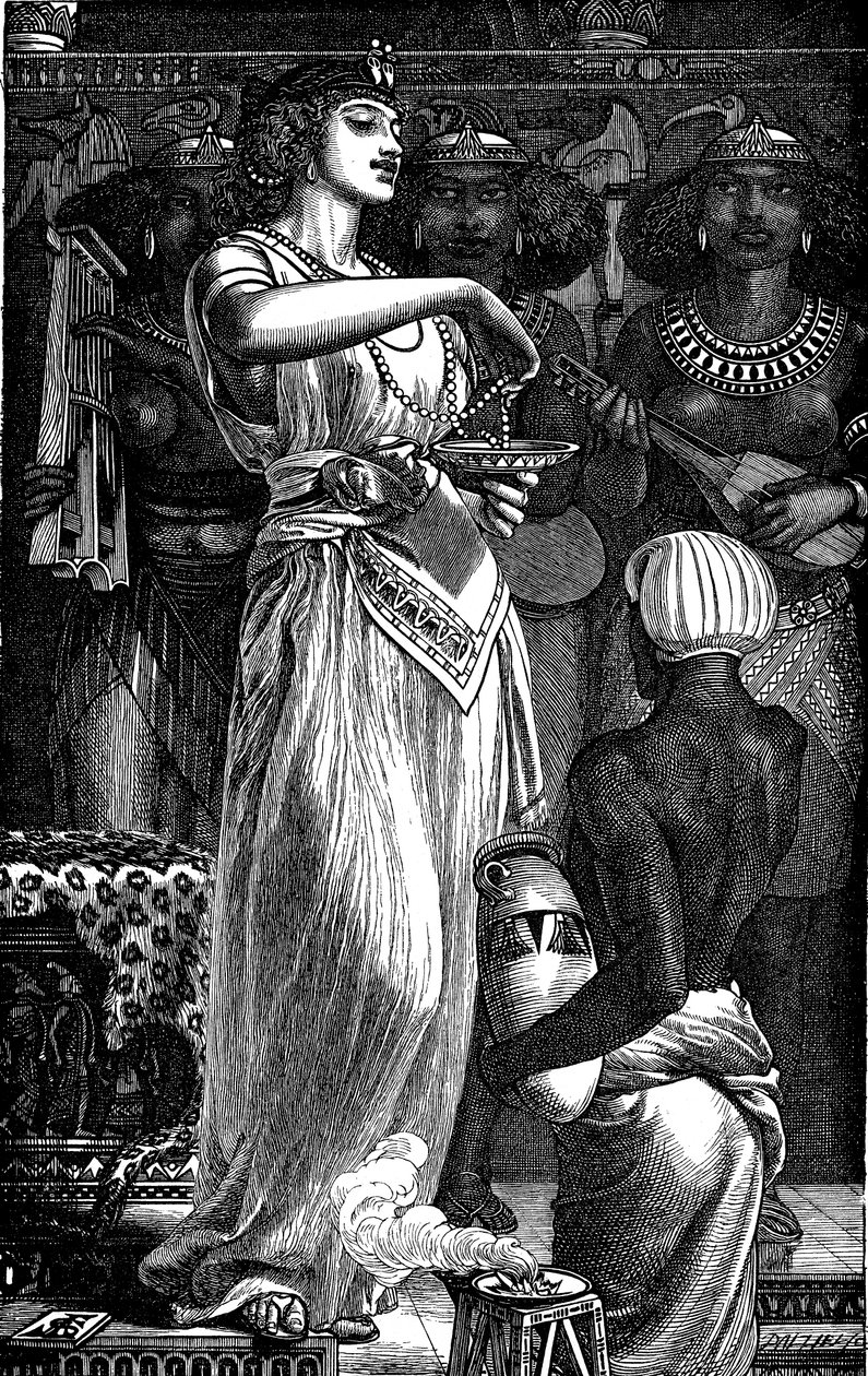 Cleópatra VII 69-30 aC, Rainha do Egito, dissolvendo pérolas em vinho, 1866 de Frederick Augustus Sandys
