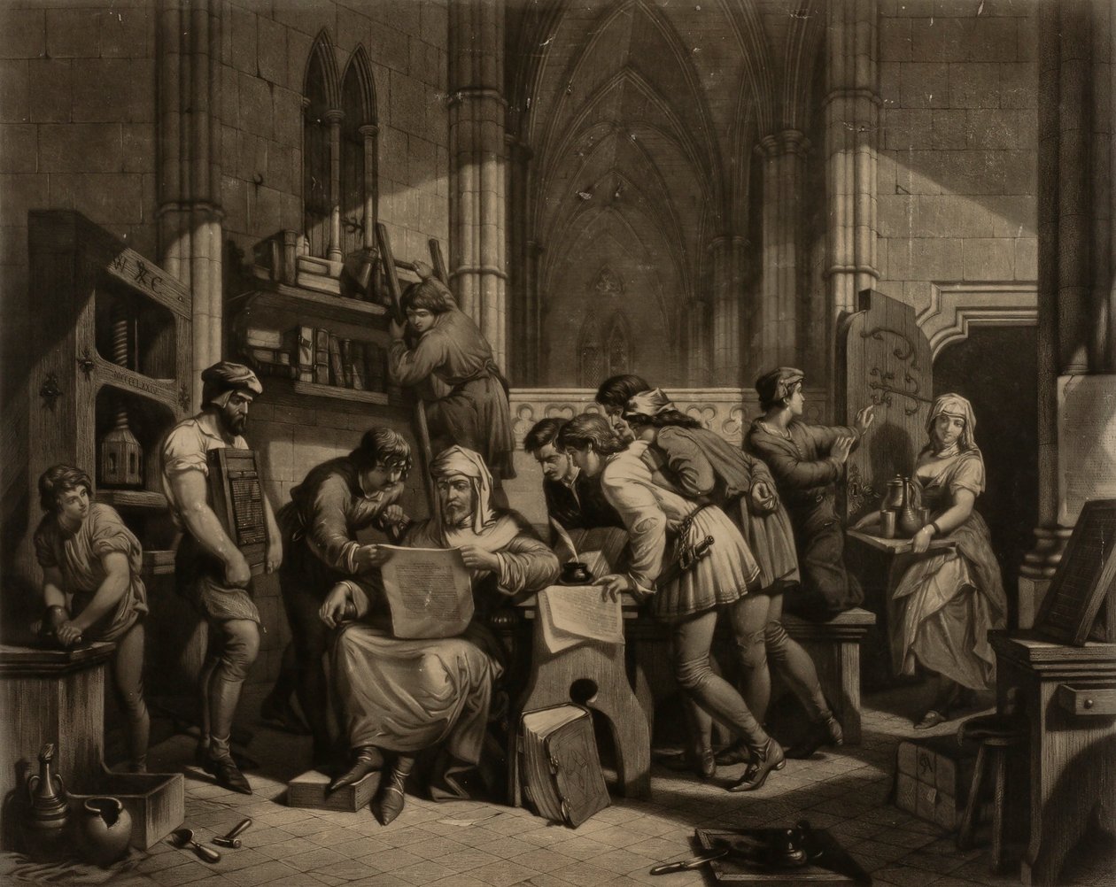 William Caxton - Examinando a primeira folha de provas da sua tipografia na Abadia de Westminster, 1474 d.C. de Frederick Bacon