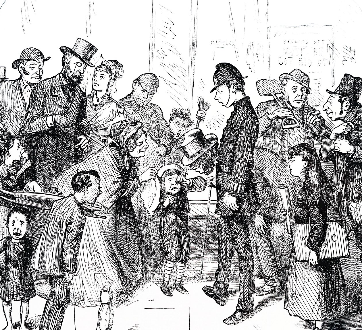Um polícia e transeuntes a tentar ajudar uma criança perdida. de Frederick Barnard