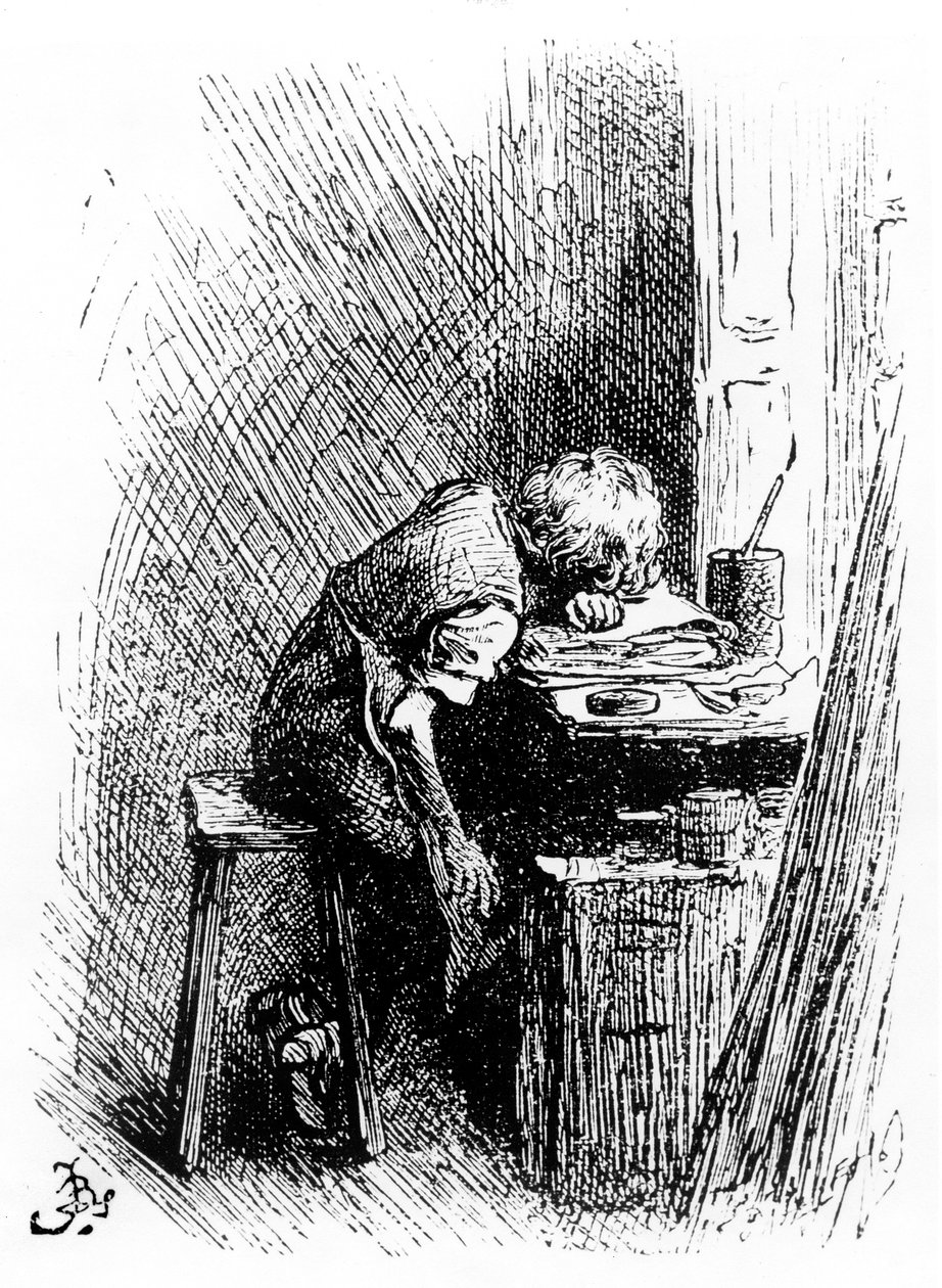 Charles Dickens na fábrica de Blacking, uma ilustração de &39;The Leisure Hour&39;, 1904 (gravura) de Frederick Barnard