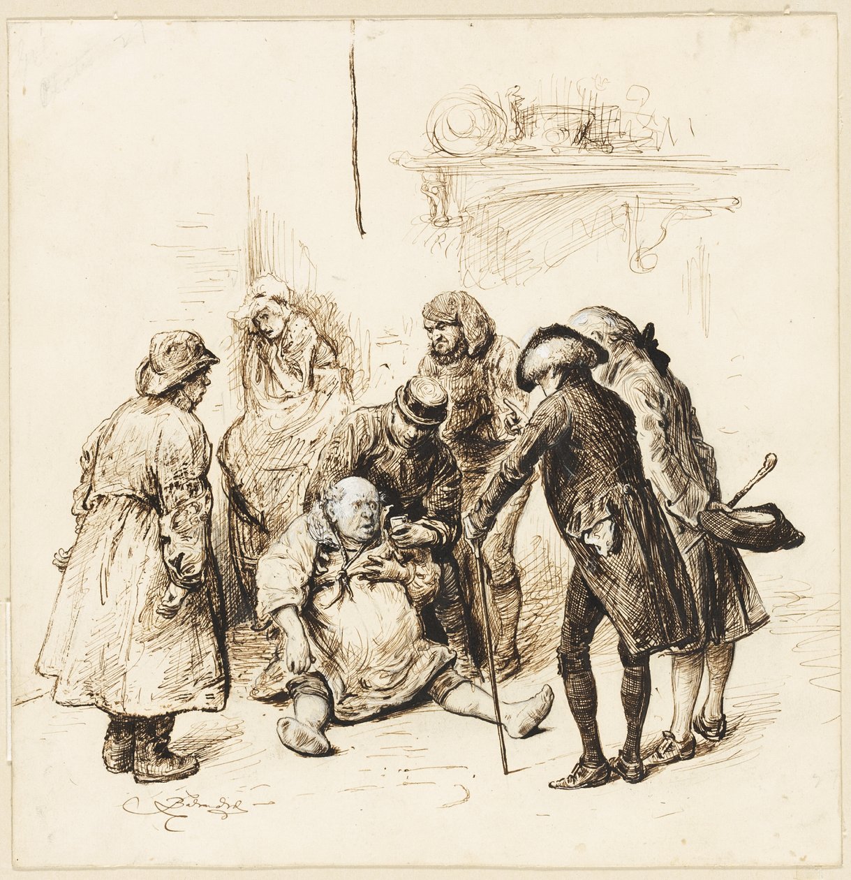 Dois cavalheiros ajudando um bêbado de Frederick Barnard