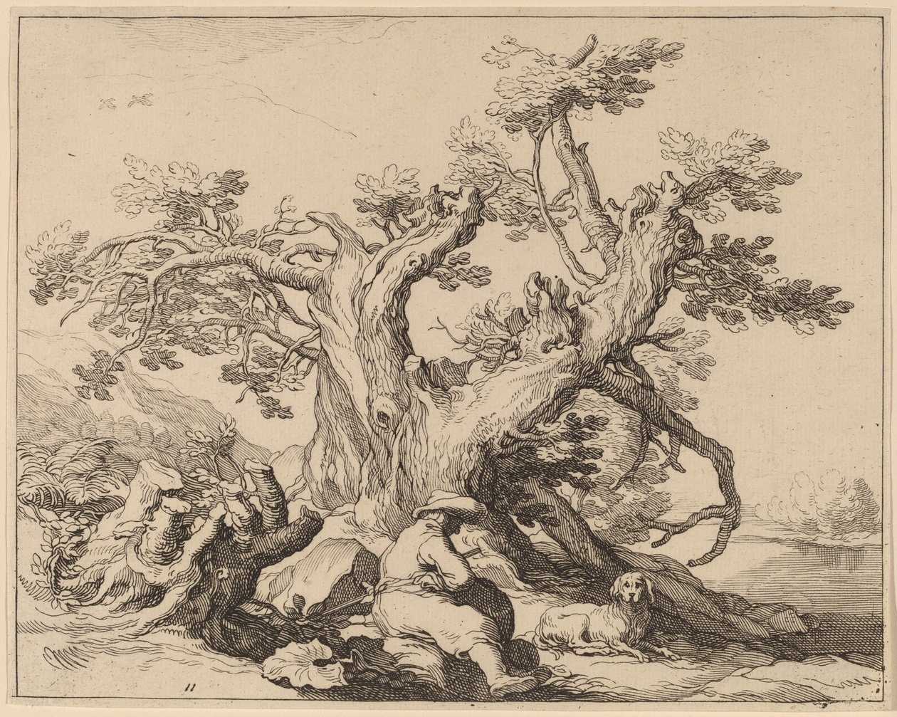 Um homem e seu cachorro descansando perto de uma grande árvore de Frederick Bloemaert after Abraham Bloemaert