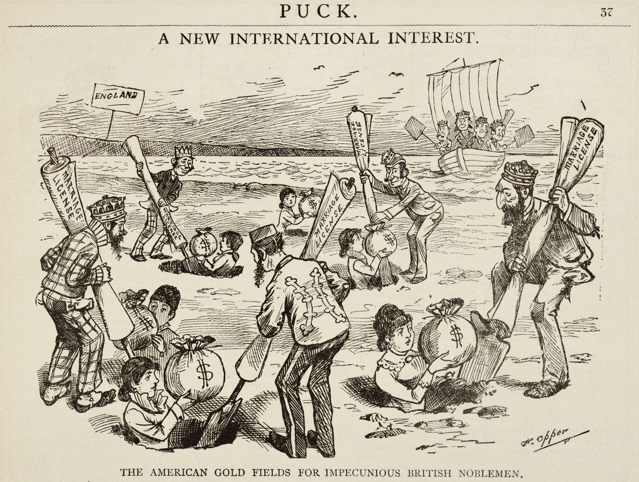 Desenhos animados que descrevem "os campos de ouro americanos para impecunious nobres britânicos", 1880 de Frederick Burr Opper