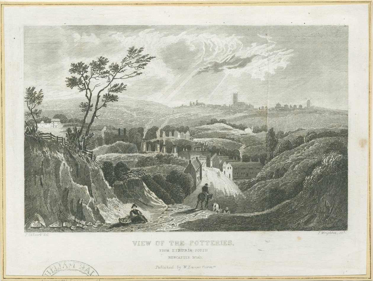 Burslem - Vista das Olarias: gravura, nd [c 1830] de Frederick Calvert