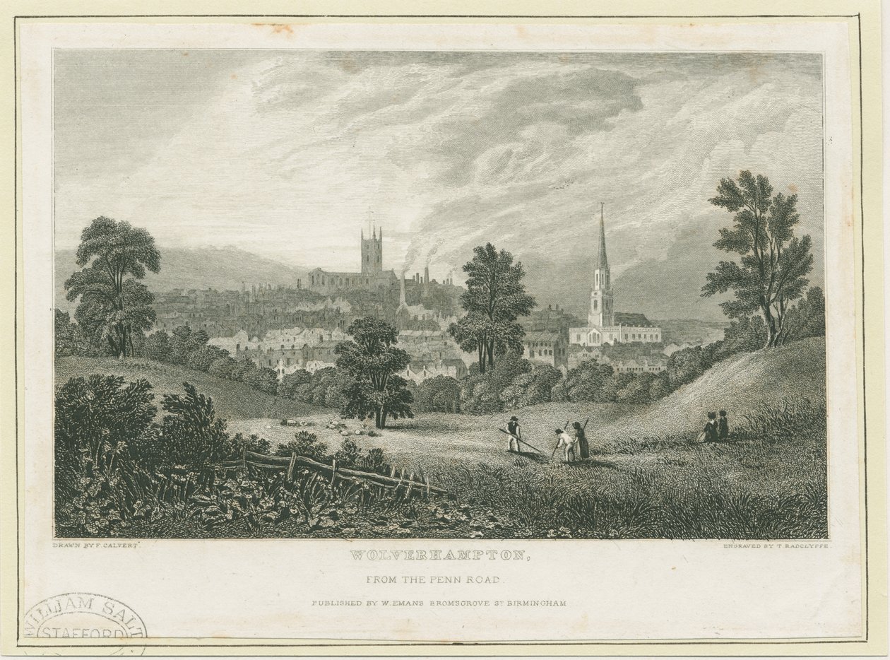 Wolverhampton - Vista distante da Penn Road: gravação em aço, nd [c 1830] (imprimir) de Frederick Calvert