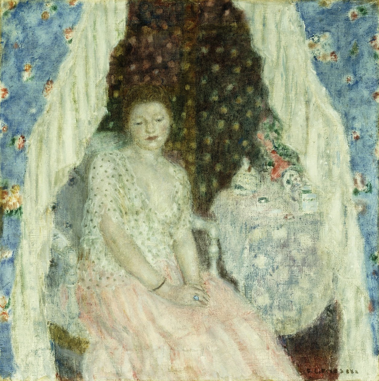 Estudo para &39;Cortinas Azuis&39;, c.1924 (óleo sobre tela) de Frederick Carl Frieseke