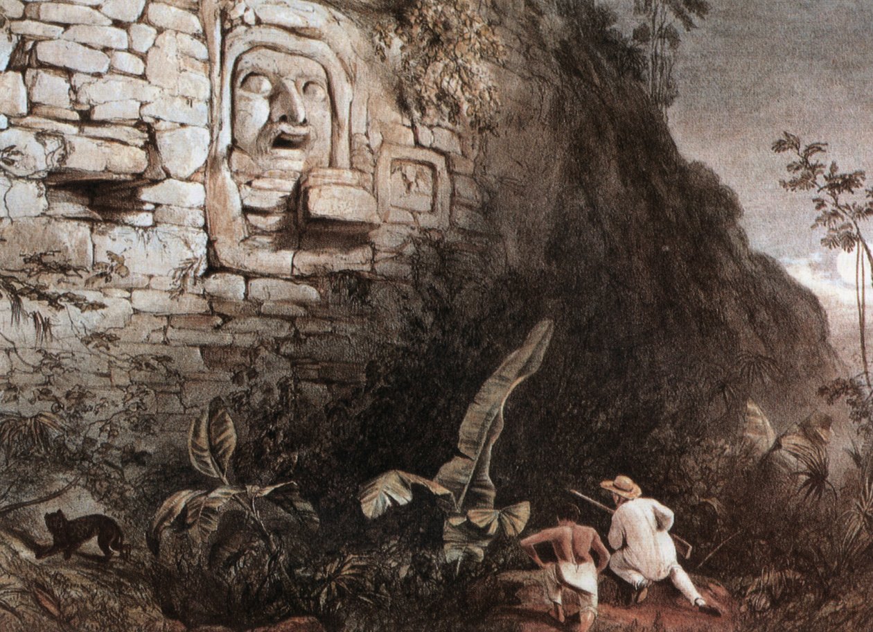 O caçador e o seu guia diante da cabeça maia de Itzam Na de Frederick Catherwood