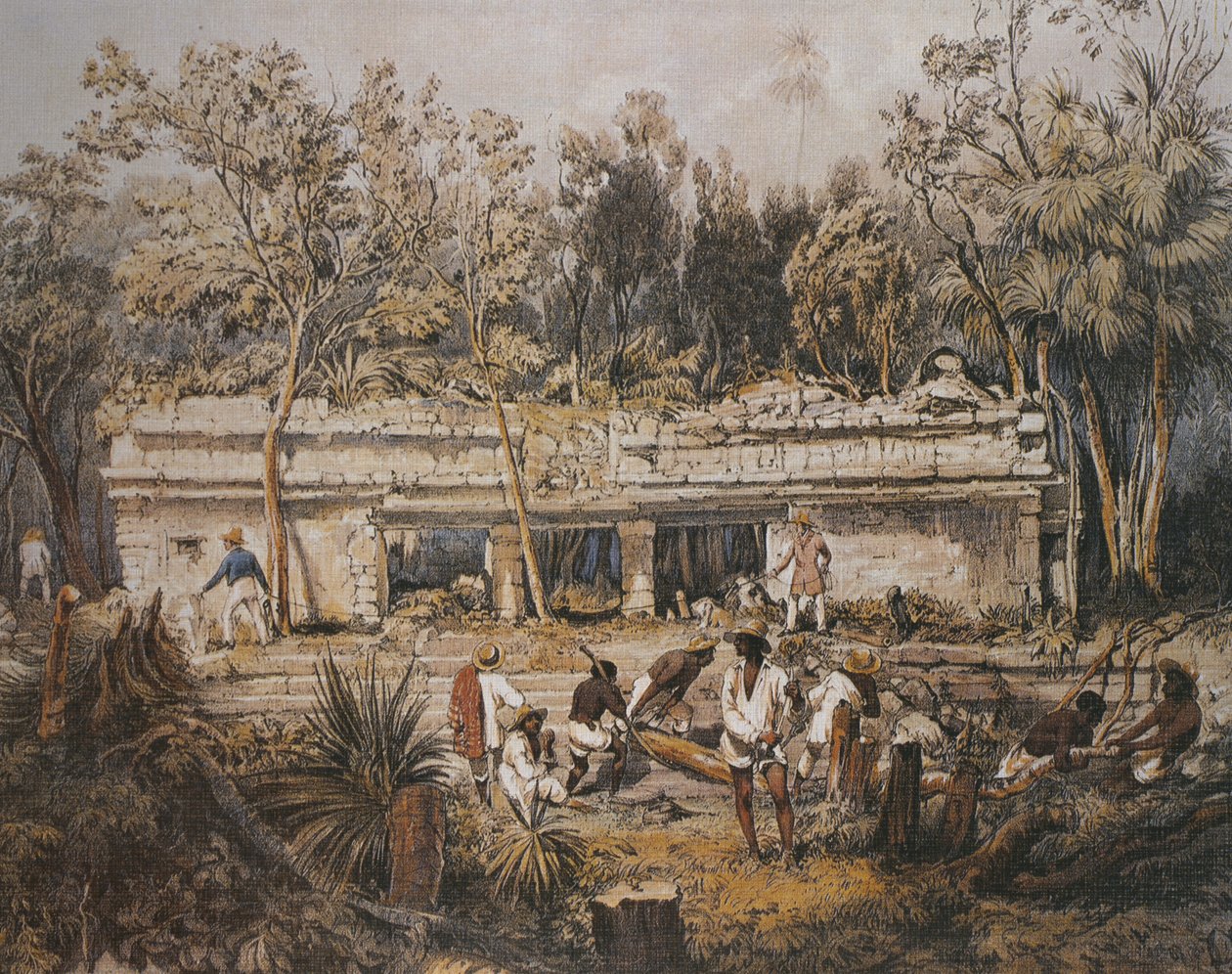 Os arqueólogos Frederick Catherwood e John Lloyd Stephens, medindo o templo de Tulum, Yucatán, México, ilustração de "Vistas dos monumentos antigos da América Central, Chiapas e Yucatán", de Frederick Catherwood