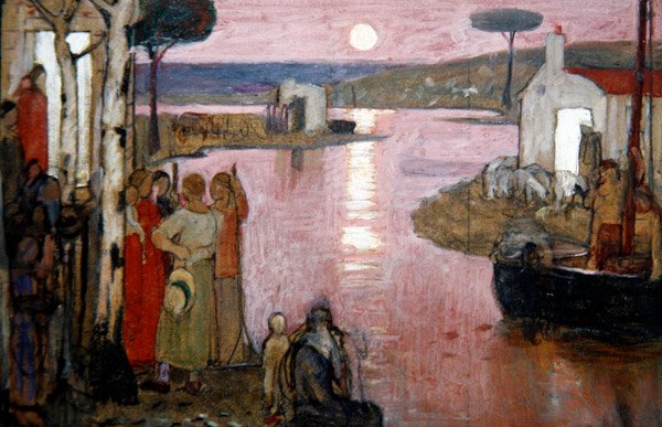 Evening Idyll, c.1910 (tempera em lápis de cera preto a bordo) de Frederick Cayley Robinson