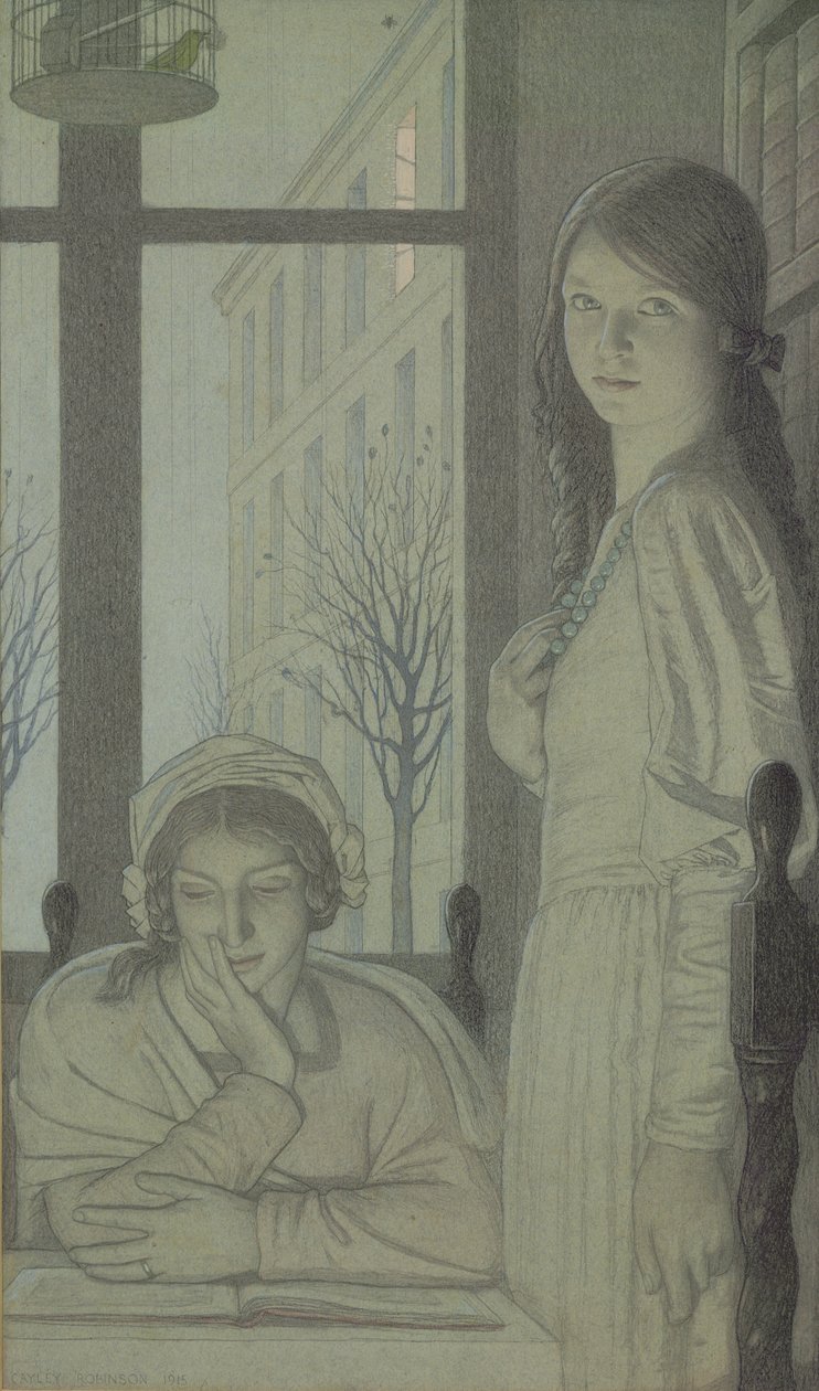 Interior - noite de 1915 (lápis, lavagem e guache) de Frederick Cayley Robinson