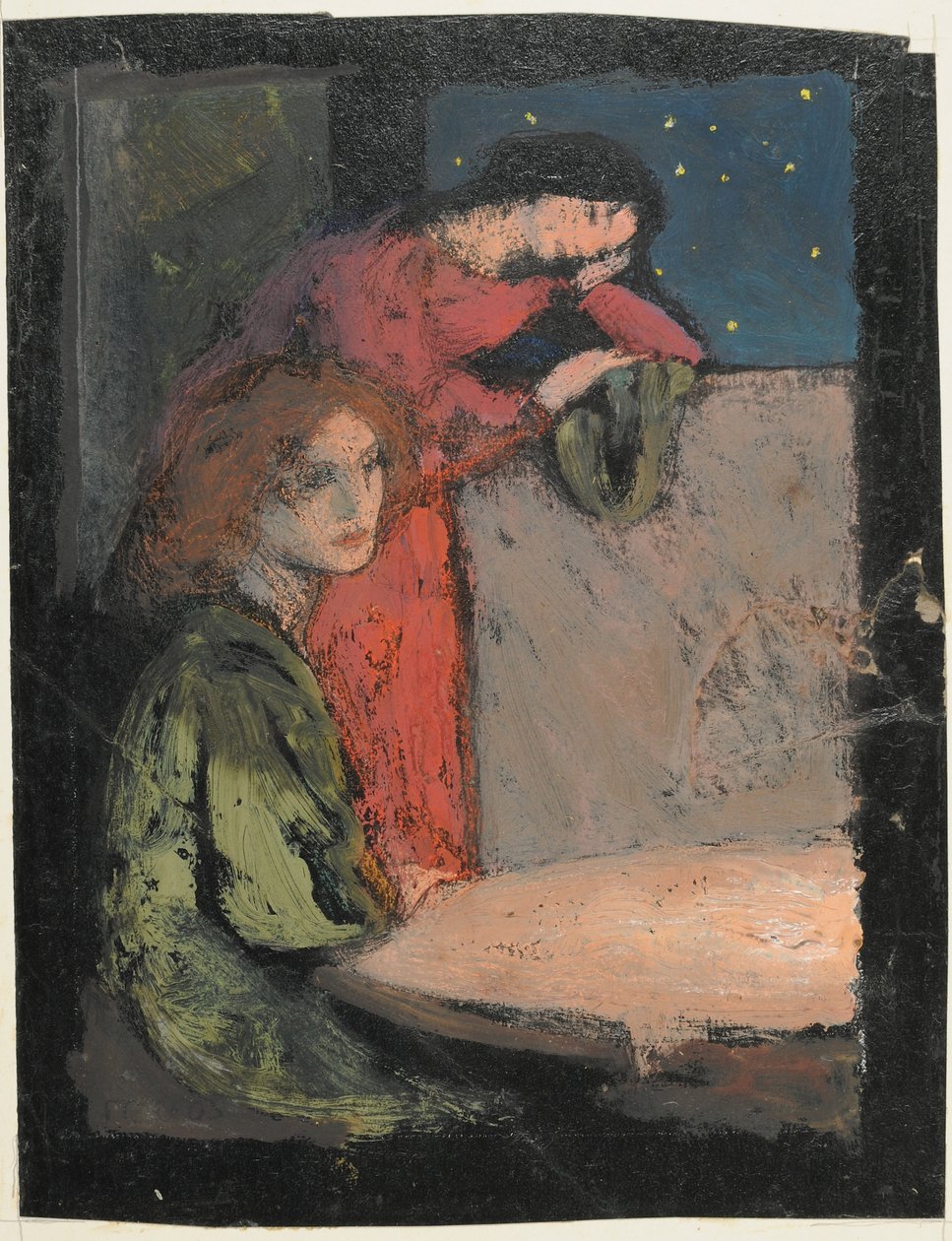 Duas meninas por uma mesa Olhar para fora em uma noite estrelada, 1905 (tempera no cartão) de Frederick Cayley Robinson