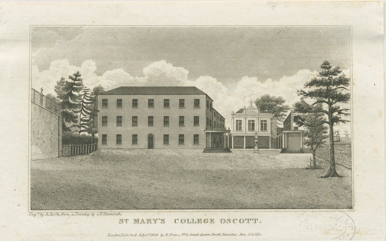 Oscott - St. Mary&39;s College: gravura em aço, sd [c 1819] (impressão) de Frederick Charles Husenbeth