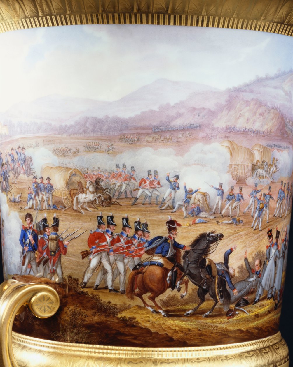 Detalhe de um esguio vaso de campana com ouro em Berlim e pedestal do tipo Wellington Service, sacado de 1817, pintado com uma cena da Batalha de Vittoria em 1817 de Frederick Christian Lewis