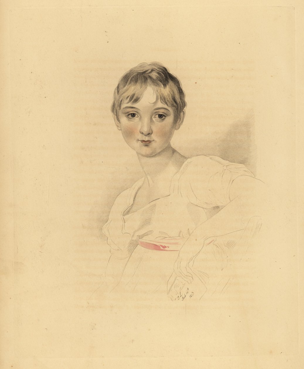 Retrato de Lucy Meredith, sobrinha de Sir Thomas Lawrence. Jovem pré-adolescente de vestido branco com cinto de fita cor-de-rosa. Gravura colorida à mão de Frederick Christian Lewis após uma ilustração de Sir Thomas Lawrence do Gabinete de Gemas de P.G. Pa de Frederick Christian Lewis
