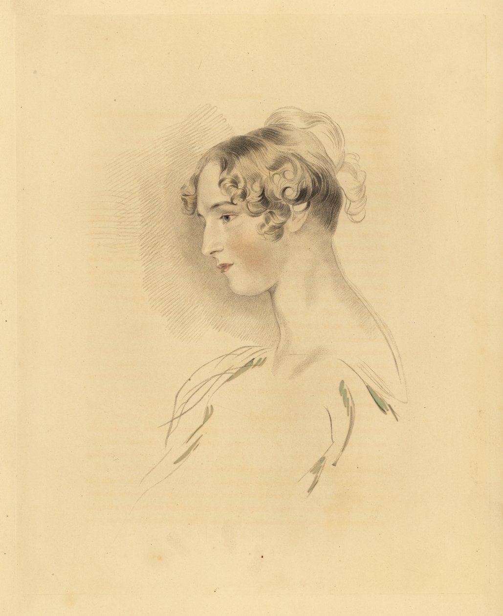 Retrato de Mary Isabella Bloxam como uma jovem mulher, sobrinha de Sir Thomas Lawrence. Com o cabelo para cima e encaracolada, com um vestido fora dos ombros. Gravura de Frederick Christian Lewis depois de uma ilustração de Sir Thomas Lawrence do Gabinete  de Frederick Christian Lewis