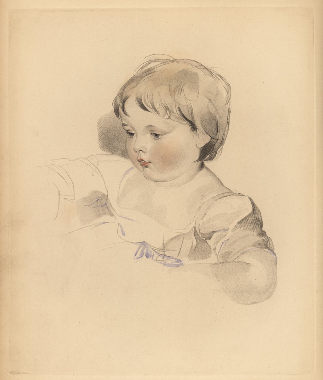 Retrato de Rowland Bloxam, sobrinho de Sir Thomas Lawrence. Rapaz gorducho de vestido atado com fita azul. Gravura manuscrita de Frederick Christian Lewis depois de uma ilustração de Sir Thomas Lawrence do Gabinete de Gemas de P.G. Patmore, Ackermann, Lond de Frederick Christian Lewis
