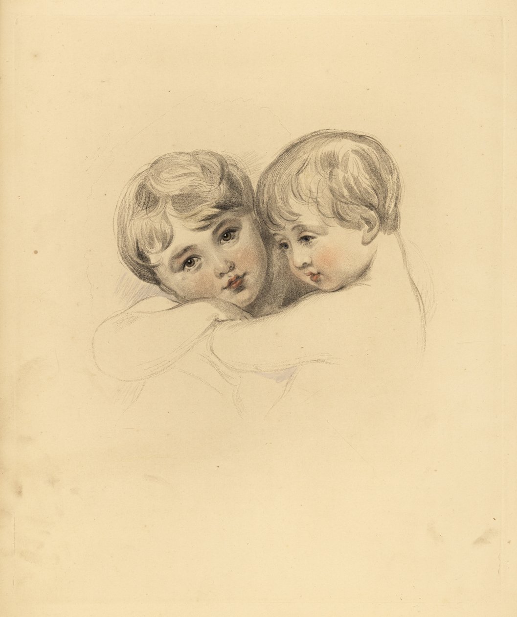 Retrato das crianças Calmeady em um abraço. Gravura manuscrita de Frederick Christian Lewis depois de uma ilustração de Sir Thomas Lawrence do Gabinete de Gemas de P.G. Patmore, Ackermann, Londres. de Frederick Christian Lewis