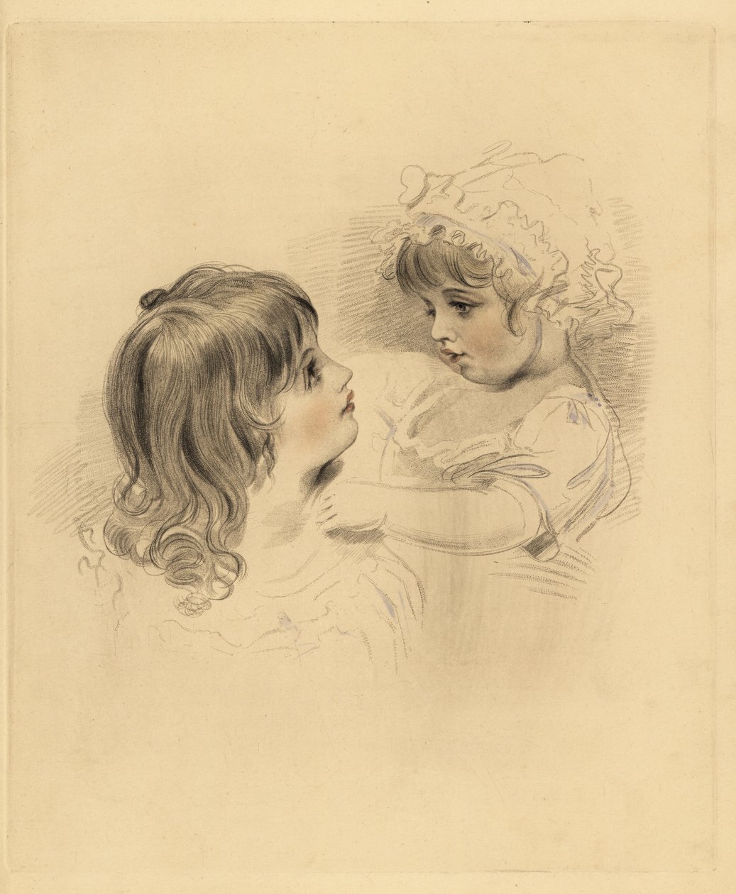Retrato de duas crianças. O mais velho a segurar uma criança mais nova relutante no chapéu e a vestir-se. Gravura manuscrita de Frederick Christian Lewis depois de uma ilustração de Sir Thomas Lawrence do Gabinete de Gemas de P.G. Patmore, Ackermann, Londr de Frederick Christian Lewis