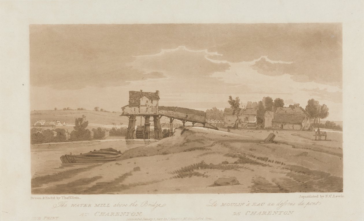 O moinho de água acima da ponte em Charenton 1803; Placa 20 de Views em Paris, o traçado do volume Emanuel da placa B181.25.2629 de Frederick Christian Lewis the Elder