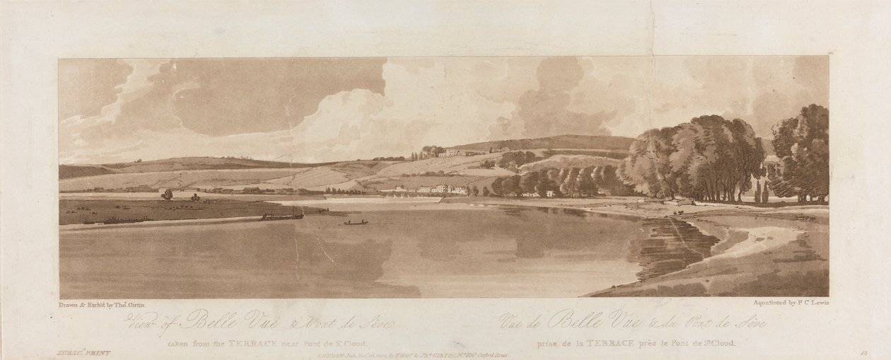 Vista de Belle Vue e Pont de Seve tirada do Terraço perto de Pont de St. Cloud 1802; Placa 13 Vistas em Paris, o traçado do volume Emanuel da placa B1981.25.2622 de Frederick Christian Lewis the Elder