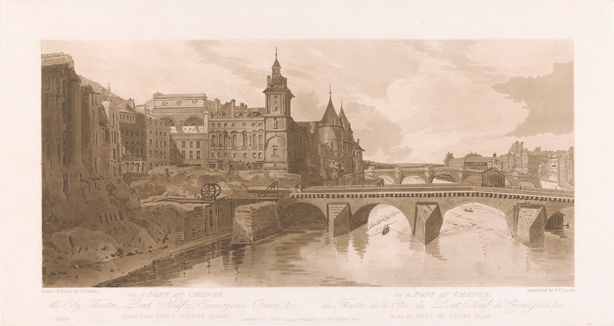 Vista de Pont au Change, Theatre de la Cite, Pont Neuf e a Prisão de Conciergerie de Frederick Christian Lewis the Elder