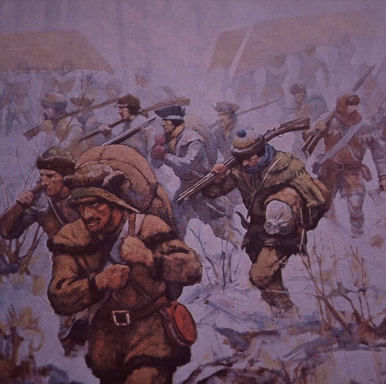 A Invasão Americana do Canadá. Os soldados de Benedict Arnold marchando de Boston para Quebec em 1775, c.1930 (cor litho) de Frederick Coffay (after) Yohn
