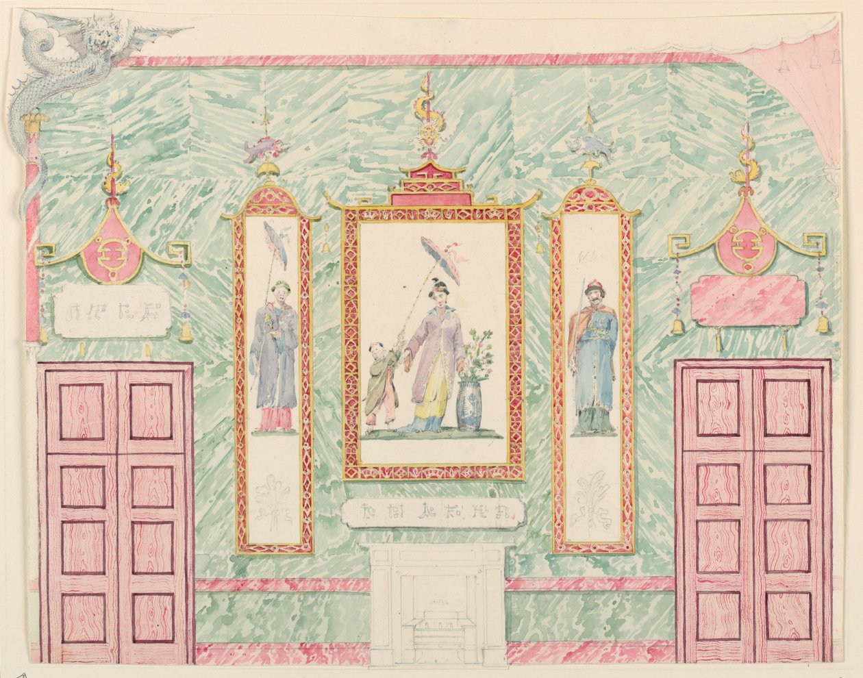 Desenho, alçado de parede, provavelmente para a sala de banquetes, Royal Pavilion, Brighton, 1815-22 de Frederick Crace
