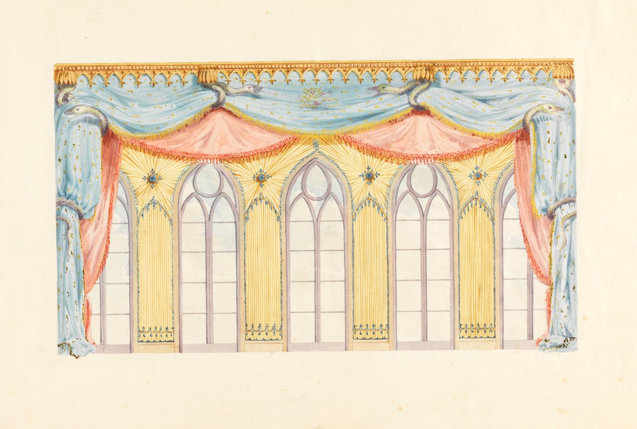 Desenho, decoração de janela, provavelmente para a parede leste da sala de música, Royal Pavilion, Brighton, 1820 de Frederick Crace
