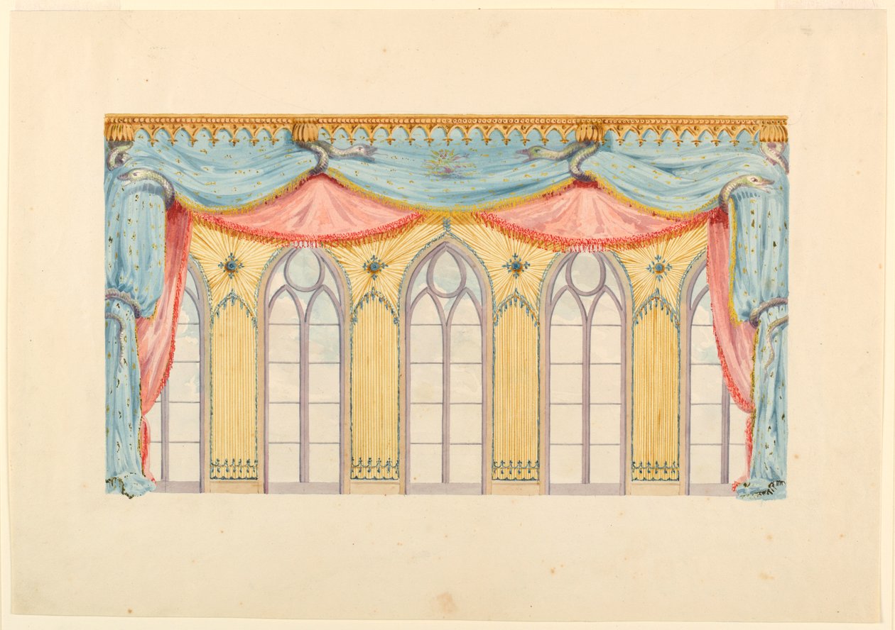 Desenho, decoração de janela, provavelmente para a parede leste da sala de música, Royal Pavilion, Brighton, 1820 de Frederick Crace