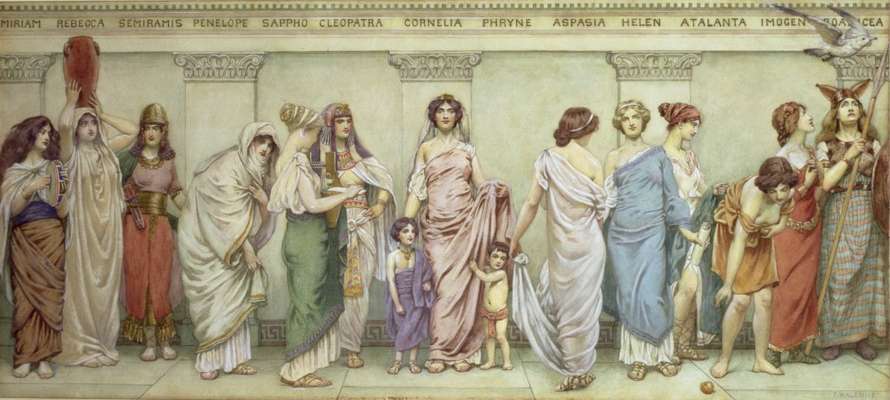 Grandes Mulheres da Antiguidade: Miriam, Rebecca, Semiramis, Penélope, Safo, Cleópatra, Cornélia, Frígna, Aspásia, Helen, Atalanta, Imogen e Boadicea de Frederick Dudley Walenn