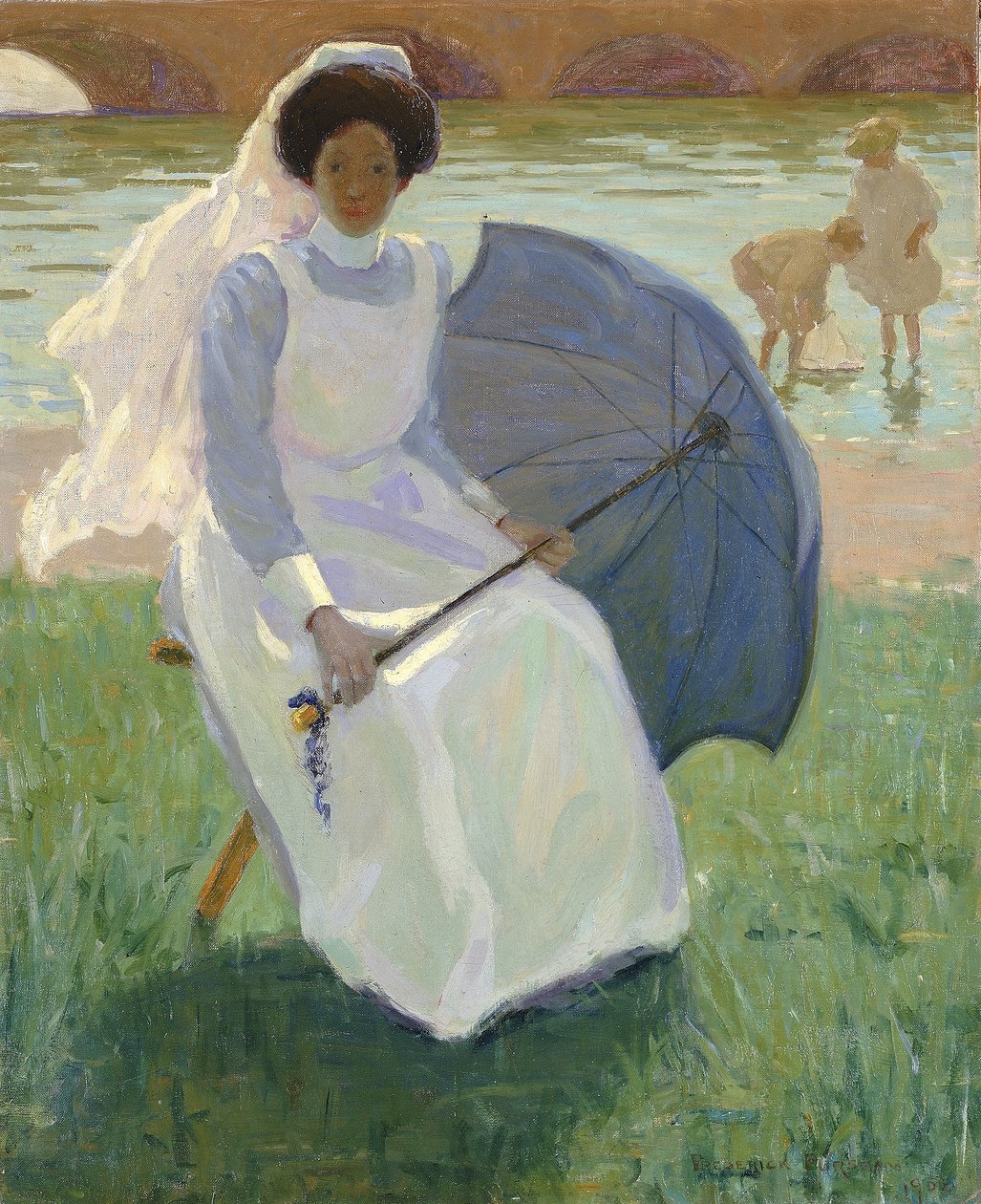Mulher com guarda-sol verde de Frederick F. Fursman