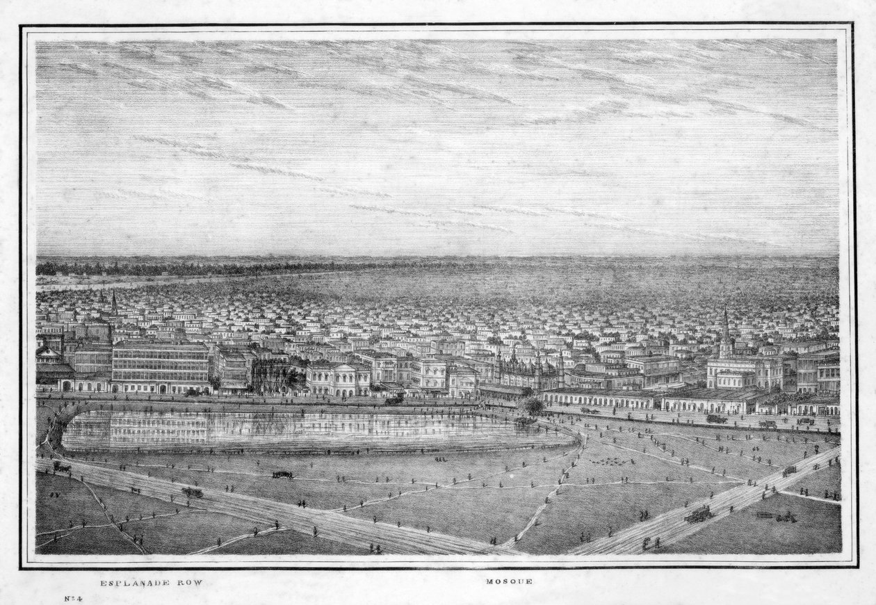 Fileira da esplanada e mesquita, panorama de Calcutá, Índia, c1840s. de Frederick Fiebig