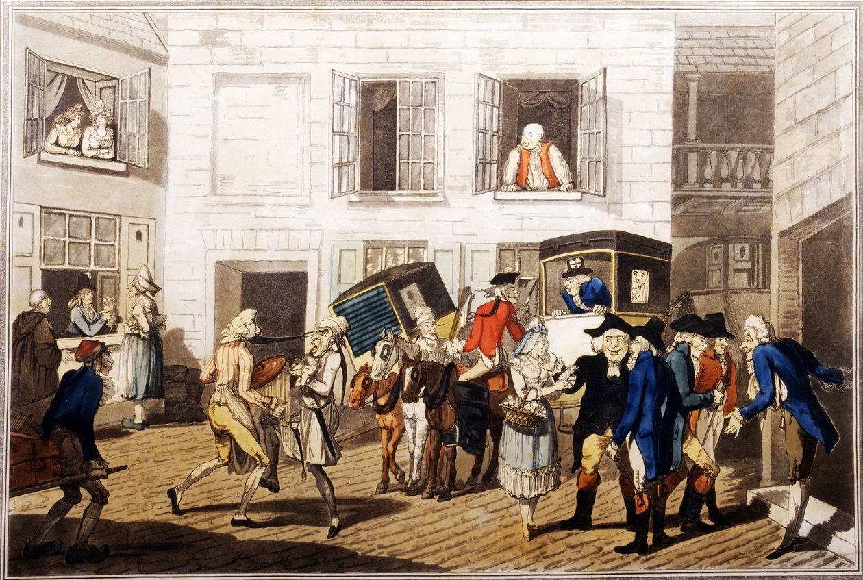 Inn Yard em Calais, pub. por William Holland, Londres, 1790 (aquatinta colorida à mão) de Frederick George Byron
