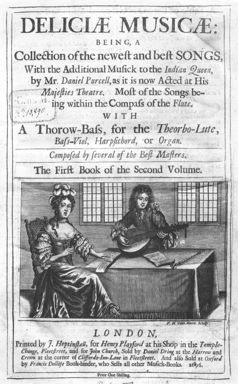 Página de título de &39;Deliciae Musicae&39;, impressa por J. Heptinstall para Henry Playford, Londres, 1696 de Frederick Hendrick van Hove