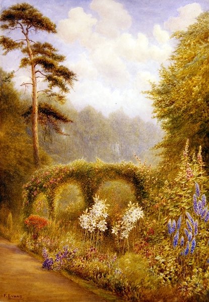 Lírios e Delphiniums, Golden Hill Park, Londres (aguarela sobre papel) de Frederick Henry Evans