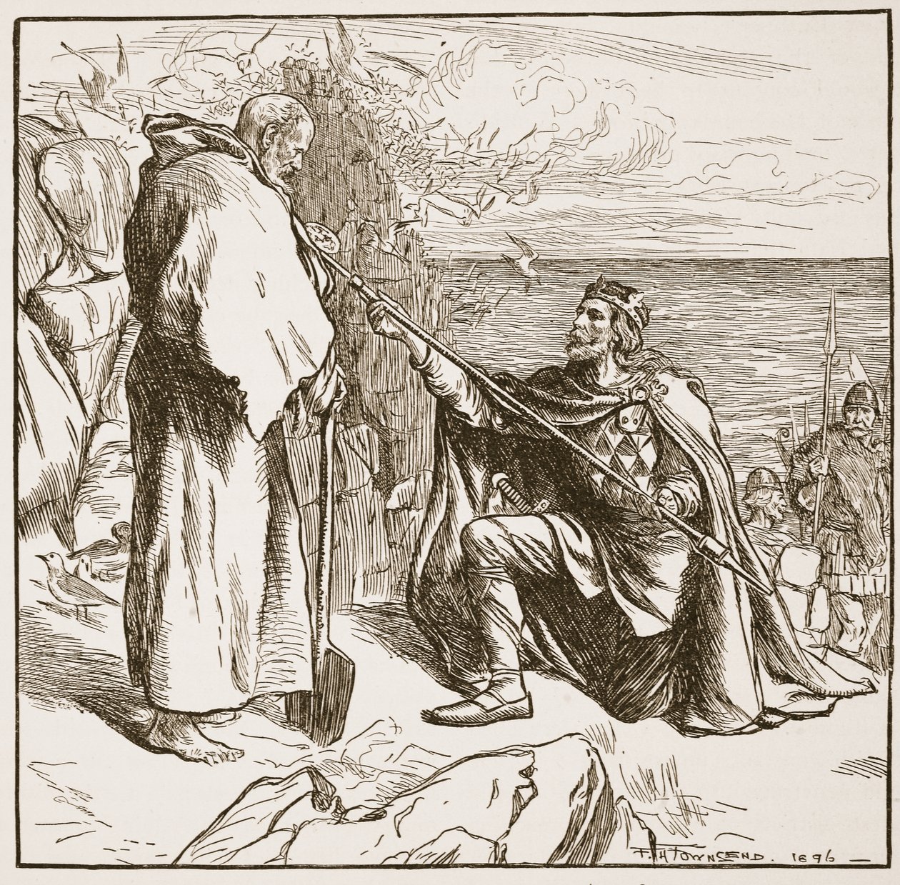 Egfrid su rindo St. Cuthbert, ilustração de "A Igreja da Inglaterra: Uma História para o Povo" por HDM Spence-Jones, pub. c.1910 (foto sépia) de Frederick Henry Townsend