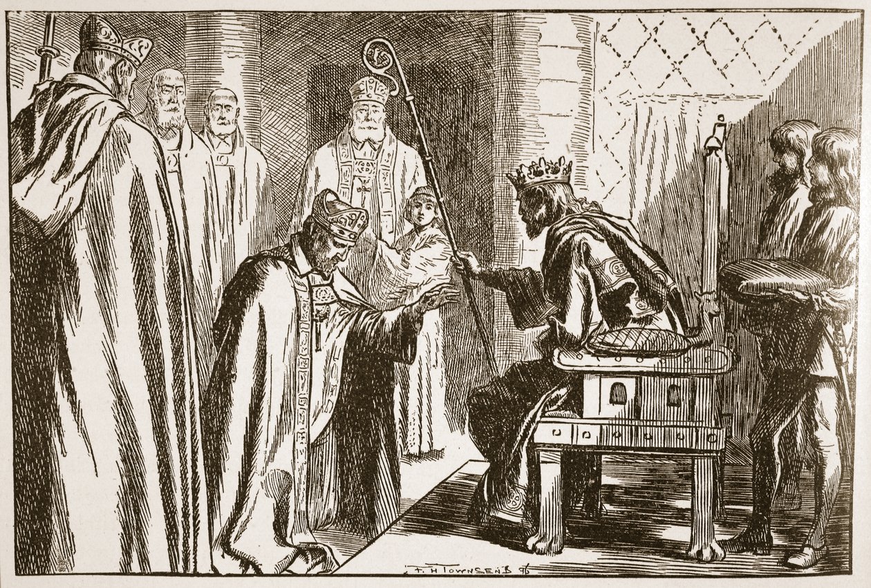 Investidura de um bispo saxão, ilustração de "A Igreja da Inglaterra: Uma História para o Povo" por HDM Spence-Jones, pub. c.1910 (foto sépia) de Frederick Henry Townsend